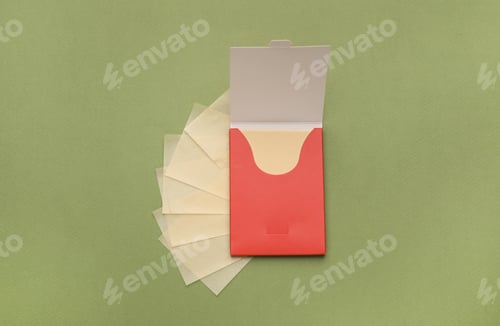 Preview: Package with facial oil blotting tissues on green background, flat lay. Mattifying wipes