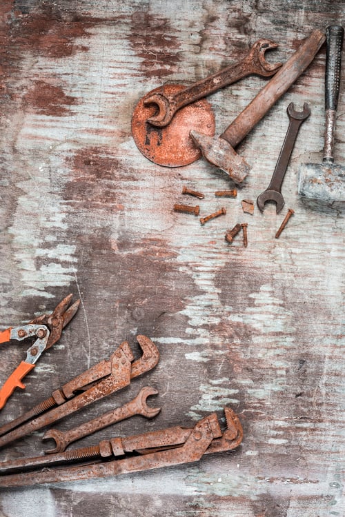 Preview: The set of construction tools on wooden table