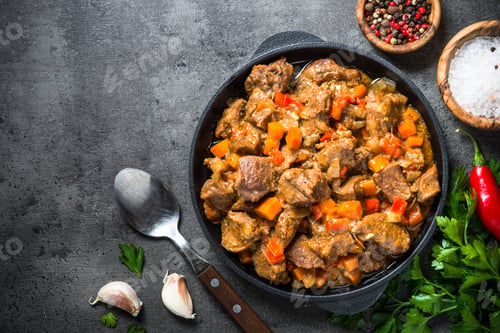 Preview: Beef stew with vegetables in iron pan on black
