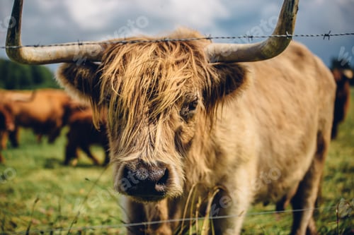 Preview: Closeup shot of a beige bull behind the fencing