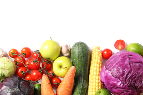 Preview: Composition with ripe vegetables and fruits isolated. Top view