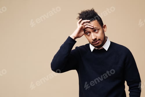 Preview: Migraine, health problem, pain face, stress work, suffer, emotion, headach, frustrated afro man