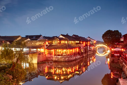 Preview: Waterway and traditional buildings at night, Xitang Zhen, Zhejiang, China