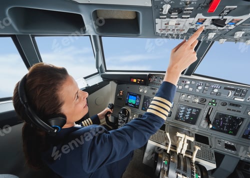 Preview: Germany, Bavaria, Munich, Woman flight captain piloting aeroplane from airplane cockpit