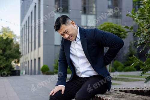 Preview: Asian young male businessman sitting on a bench outside a work building and holding his hand behind