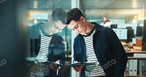 Preview: Man, tablet and project by glass at startup with planning, reflection and review at night in office
