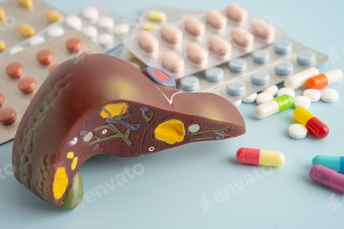 Preview: Liver model with pill drug treatment, Cirrhosis, Liver cancer, fatty liver.