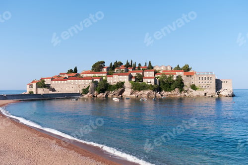 Preview: Beautiful summer landscape of Adriatic coast in Budva Riviera with view of Sveti Stefan, Montenegro