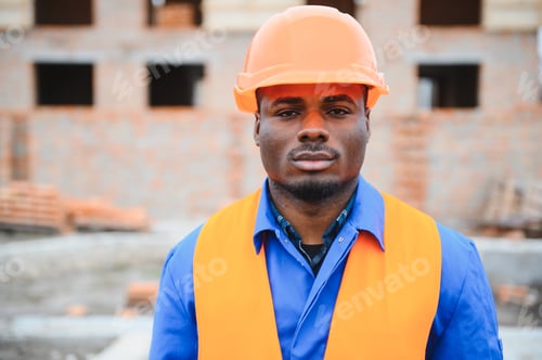 Preview: An African American construction worker, in work clothes and a hard hat, is building a brick house