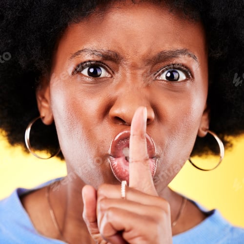 Preview: Angry portrait, woman and secret on lips in studio for privacy, drama and noise on yellow backgroun
