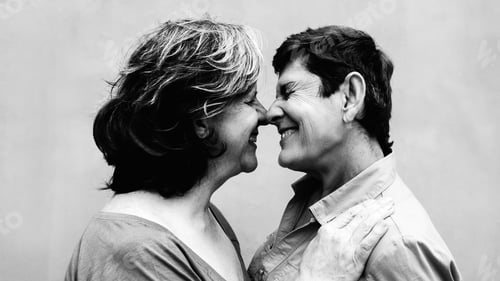 Preview: Senior gay lesbian couple kissing outside. LGBTQ aged lovers. Black and white editing