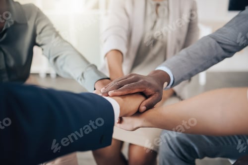 Preview: Business people, hands and teamwork unity in office circle for motivation, community trust or globa