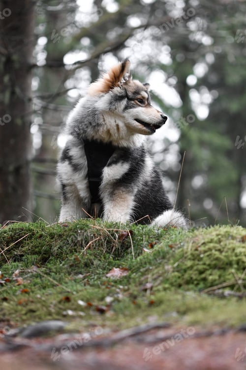 Preview: Portrait of a young puppy finnish lapphund dog sitting in the forest or woods