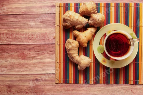 Preview: Ginger tea with ginger on table , high angle view .