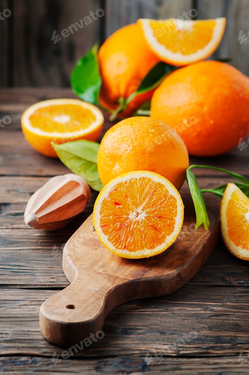 Preview: Fresh sweet oranges on the wooden table