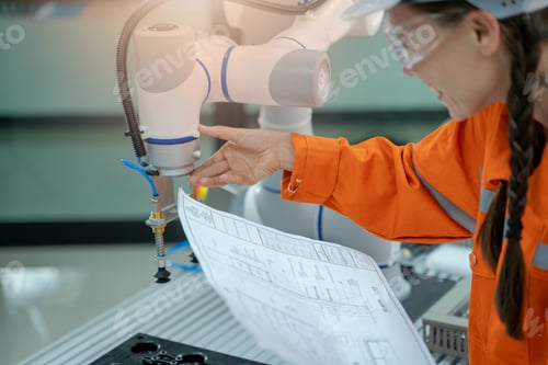 Preview: Industrial engineer or technician working and inspecting robotic arm machine at manufacturing plant.