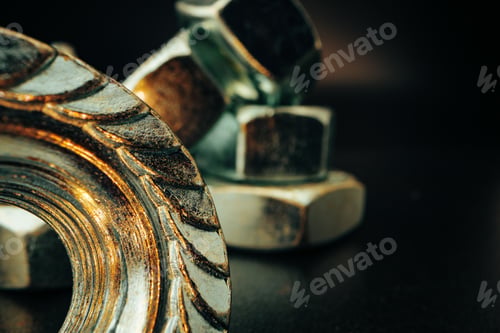 Preview: Metal screws and nuts on black background