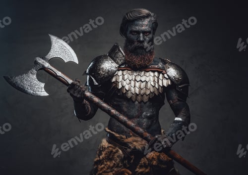 Preview: Evil soldier with scorched skin standing and holding his axe