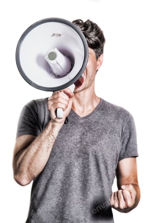 Preview: isolated portrait of a man shouting using a megaphone