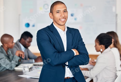 Preview: Leadership, ceo and black man happy in an office meeting for training, workshop and management at a