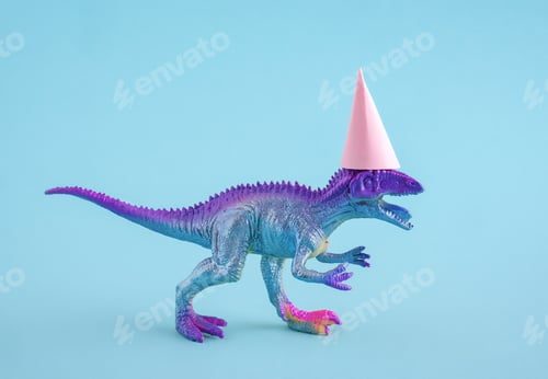Preview: Cute blue dinosaur wearing pink party hat on blue background. Funny idea for birthday card.
