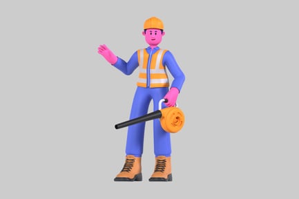 Preview: Cartoon Construction Worker with Leaf Blower