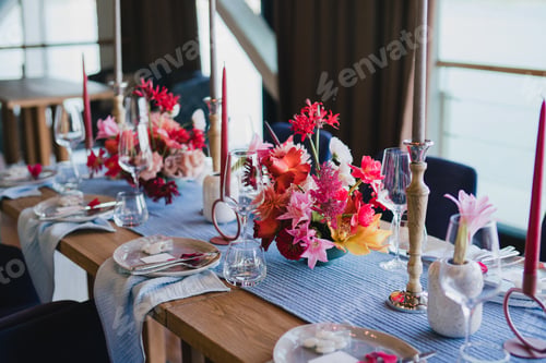Preview: Coziness and style. Modern event design. Table setting at the wedding reception.