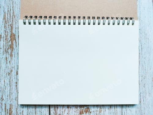 Preview: Top view empty blank note book on the wooden table.