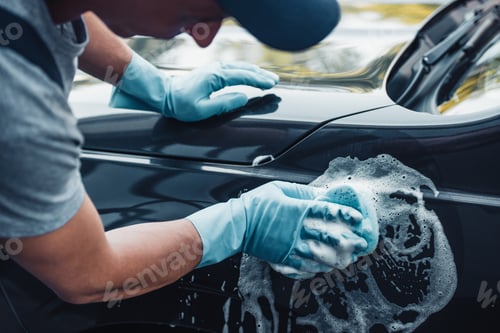 Preview: partial view of car cleaner washing car with sponge and detergent