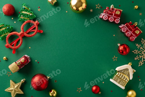 Preview: Embrace the New Year vibe with a top-down view. Red-gold baubles, train and house tree toys