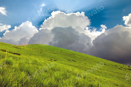 Preview: Hills covered with green grass and blue sky with white puffy clouds