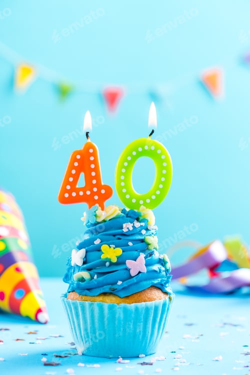 Preview: Fortieth 40th birthday cupcake with candle. Card mockup.