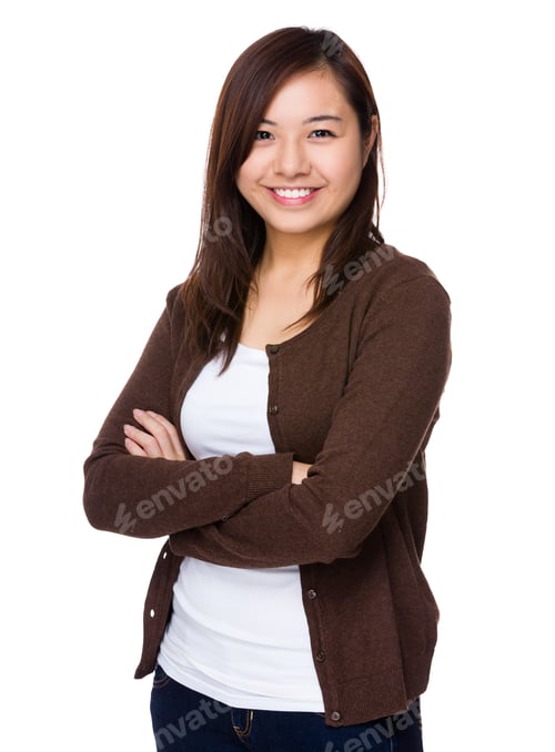 Smiling Woman in Casual Brown Cardigan Studio Shot