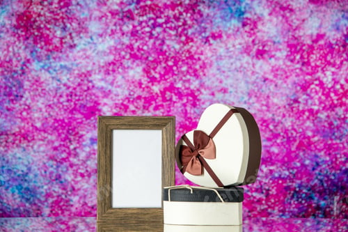 Preview: front view valentines day presents with picture frame on light pink background passion marriage