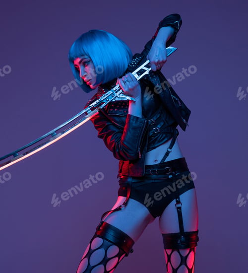 Preview: Aggressive woman fighter in cyberpunk style with sword