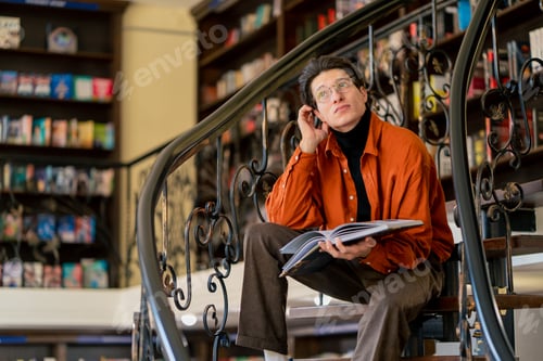 Preview: guy sits on the stairs and reads a book enthusiastically shocked by the plot of the events of story