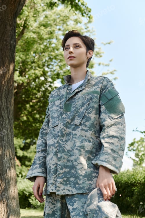 Preview: Woman in Camouflage Stands in Park and Looks Ahead