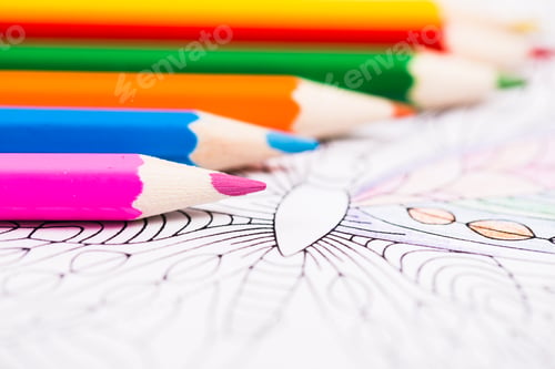 Preview: Multi-colored pencils and coloring book for adults