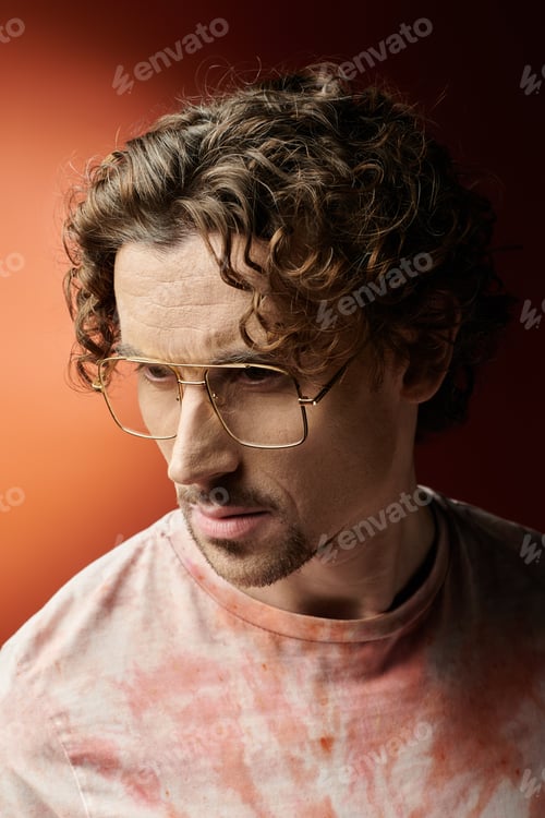 Preview: Handsome Man Expresses Emotion Against a Vibrant Orange Backdrop in Artistic Portrait