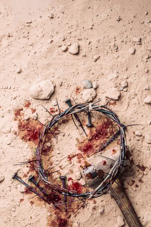Preview: Crown of thorns and bloody nails on ground. Good Friday, Passion of Jesus Christ. Christian Easter
