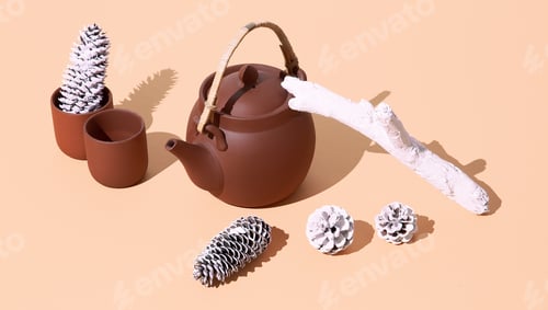 Preview: Clay teapot and winter decor branch and acorn in isometry. Still life scene. Winter