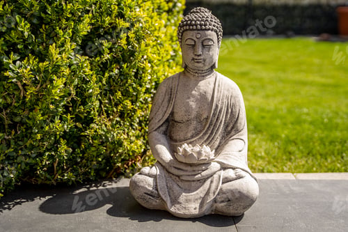 Preview: Wellness and meditation - Buddha statue standing in front of green lightend grass