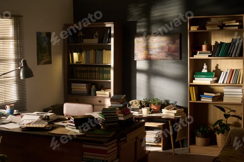 Preview: Sunlight Illuminating Cozy Home Office with Bookshelves and Stacked Documents