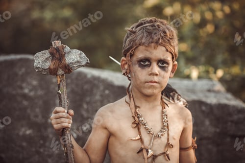 Preview: Caveman, Manly Boy With Primitive Weapon Hunting Outdoors