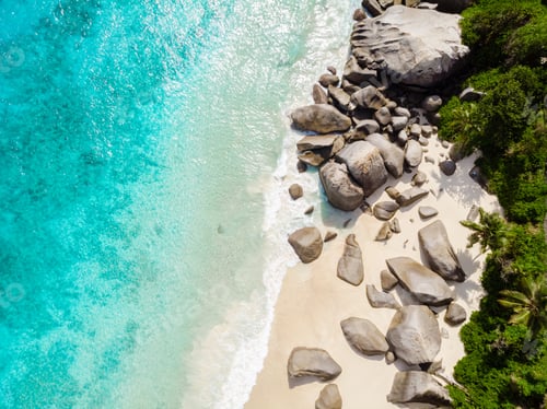 Preview: Drone view from above at a tropical beach in the Seychelles Mahe