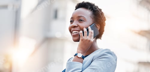 Preview: Business, phone call and black woman in city with smile, conversation and mobile networking on mock