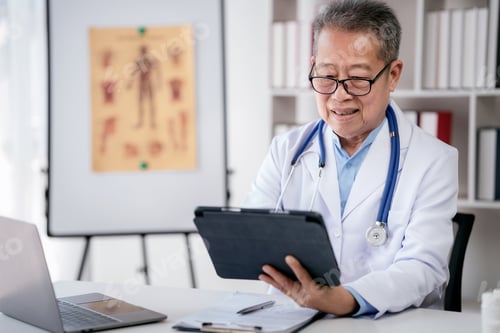 Preview: Senior male doctor with stethoscope is working on laptop and sea