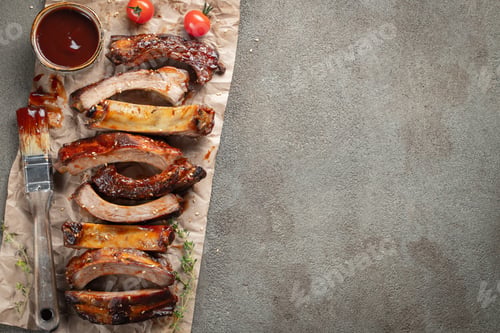Preview: Closeup of pork ribs grilled with BBQ sauce and caramelized in honey.
