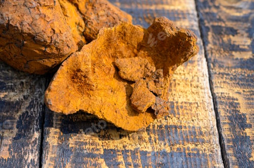 Preview: peeled wild birch chaga mushroom for brewing natural fungus tea on a wooden surface