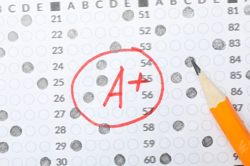 Preview: Test score sheet with answers, grade A+ and pencil, close up
